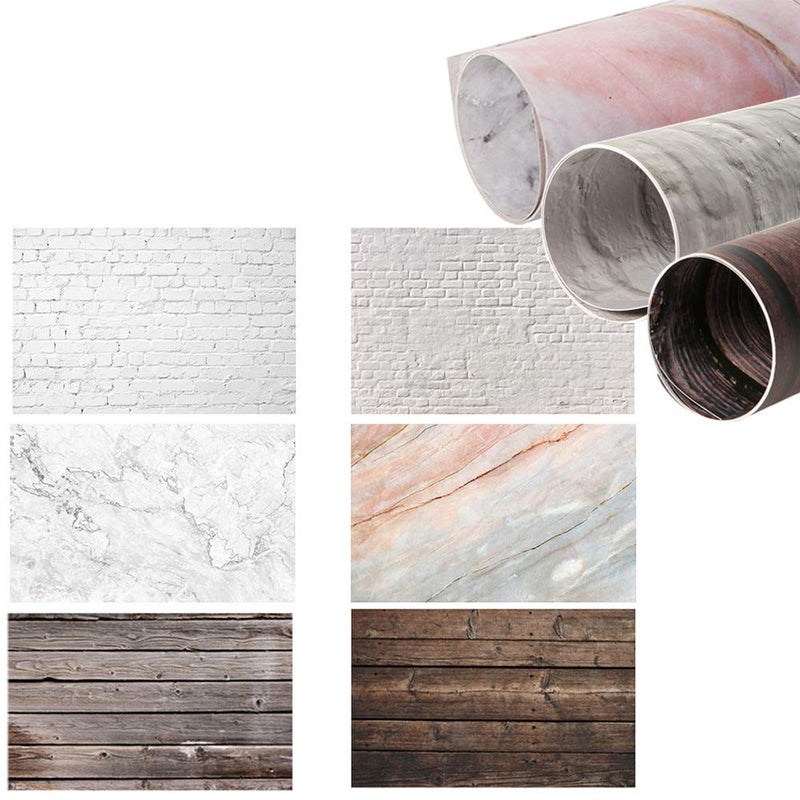 Meking Selens 22x35 inch (56x88cm) 2 in 1 Photography Background Props Wood Brick Wall Marble Pattern Backdrop for Flat Lay Food Jewelry Cosmetics Makeup Small Product Photography, 3 Pieces 6 Graph - Image 1